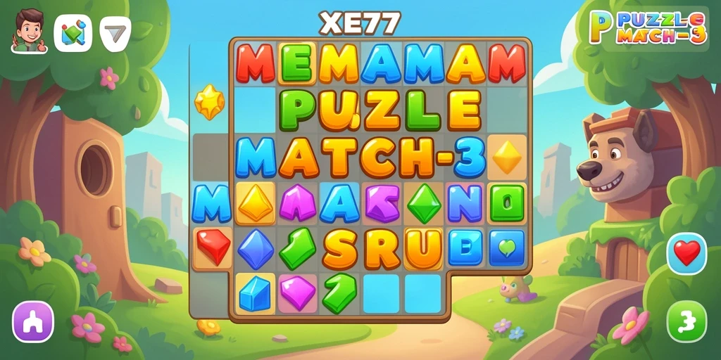 Antarmuka XE77 yang menyenangkan, menunjukkan berbagai level Puzzle Match-3.